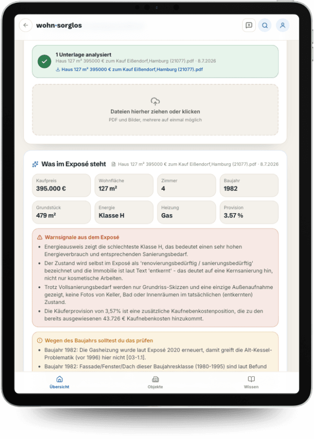 App-Screenshot: Exposé-Analyse mit Warnsignalen